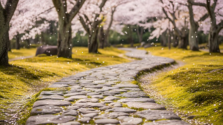 A cobblestone path leads through a park lined with cherry trees shedding pink petals onto moss.