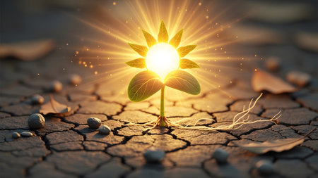A small plant grows from parched cracked earth with a sunburst shining behind its leaves.