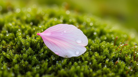 A soft pink flower petal covered in tiny water droplets rests on a bed of vibrant green moss.
