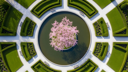 A angle view of a circular pond containing a pink flowering tree surrounded by manicured hedges.