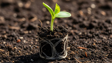 A small green seedling emerging from dark soil with a visible network of white roots exposed.