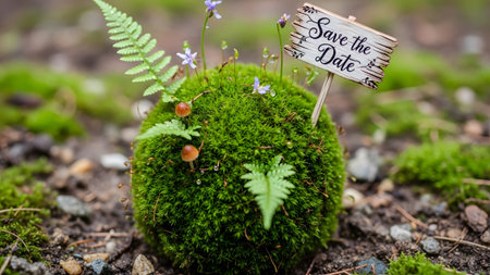 A vibrant green moss sphere decorated with tiny ferns and a wooden sign on a forest floor...