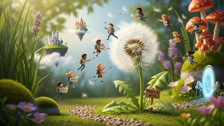 Children fly through a magical meadow towards floating castles and a glowing portal in the woods.