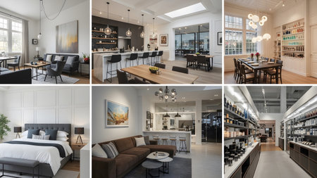 A collage of six interior spaces showing modern living rooms, bedrooms, and organized retail...