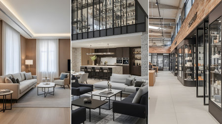 A three-part collage showing living room interiors and a retail store with display shelves.