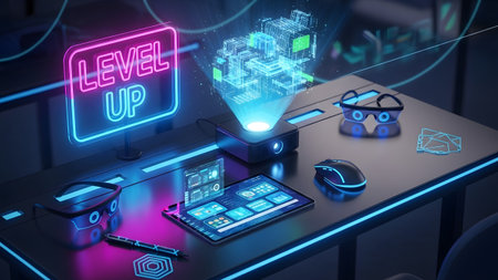 A dark desk a neon level up sign and a glowing holographic digital cube projection display.