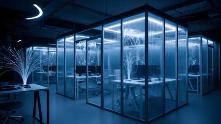 Futuristic glass office pods with glowing fiber optic accents in a dark, workspace....