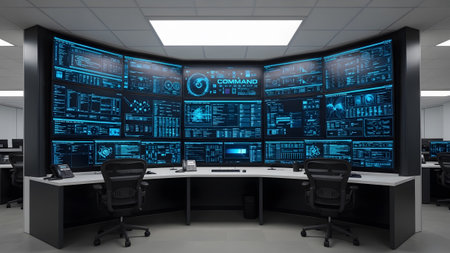 A high-tech command center featuring multiple glowing blue digital screens for data monitoring.