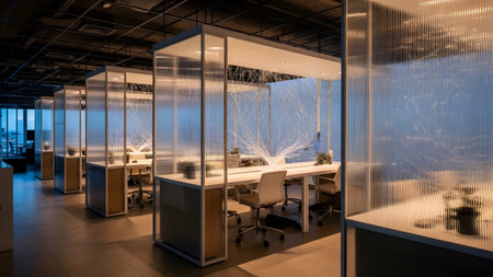 Contemporary office space with glass cubicles featuring abstract light and modern workstations.