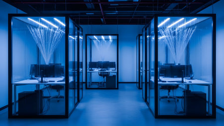 A series of glass-walled office cubicles illuminated by blue fiber optic lights in a dark room.
