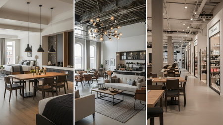 A split view of a modern loft interior showing a dining table, a cozy sofa, and a retail display.