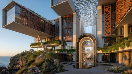A modern luxury villa with a geometric facade stands on a coastal cliff overlooking the ocean.
