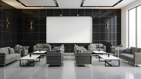 A modern corporate lobby with dark tiled walls, comfortable seating, and a large blank wall frame.