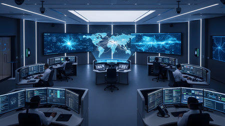A futuristic control room with large screens showing a glowing map and data visualization.