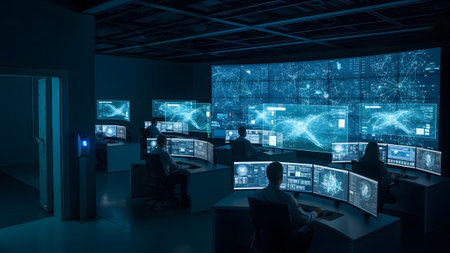 Analysts work at desks in a dark room featuring large glowing blue digital data maps and screens.