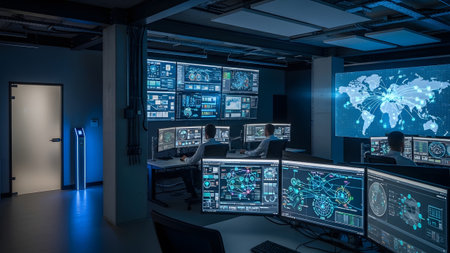 A dark high-tech security room with multiple monitors displaying global maps and digital data flows.
