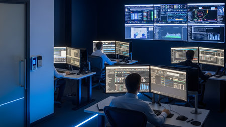 Analysts working at computer stations in a dark room with large screens displaying complex data...