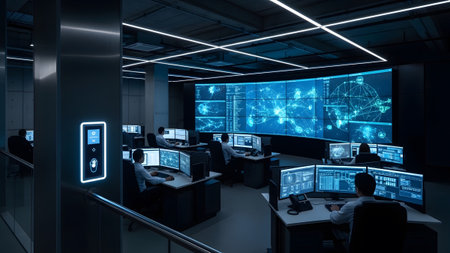 A dark operations center filled with glowing computer screens and a wall-mounted biometric scanner.