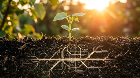 A conceptual image showing a small green plant growing from soil with a glowing underground city transportation network map visible beneath the roots in nature.