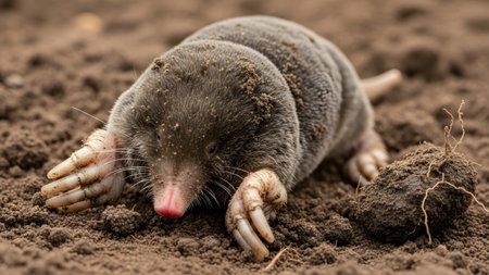 A detailed close-up of a European mole with a pink nose and large claws emerging from dark soil.