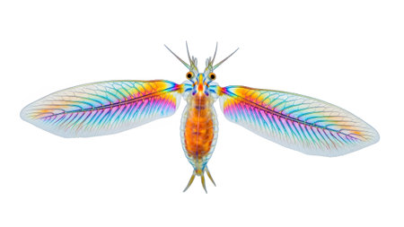 A microscopic view of a tiny aquatic crustacean featuring vibrant iridescent wings on white.