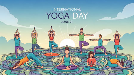 A group of people practicing various yoga poses on a highly detailed and colorful mandala floor.