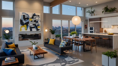 A spacious modern open-plan living area featuring a large abstract painting and city skyline views.