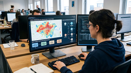 A female data analyst works at a desk, viewing a colorful geographic map on a large computer screen.