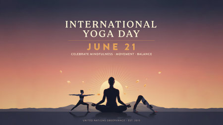 Silhouettes of people practicing yoga poses against a vibrant sunset sky with mountains background.