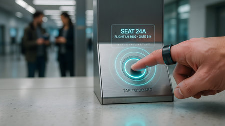 A person uses a smart ring to tap a digital boarding gate interface at an airport terminal station.