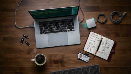 A top-down view of a developer workspace featuring a laptop, coding, and a technical diagram book.
