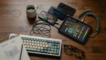 A workspace desk with multiple connected mobile devices displaying complex data analytics charts.