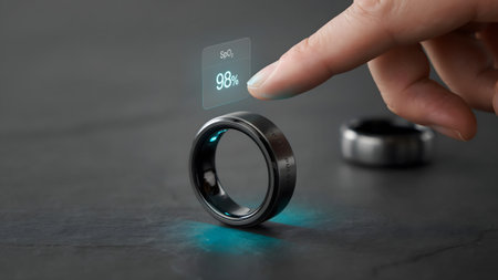 A smart health ring a holographic oxygen saturation reading on a dark textured surface....