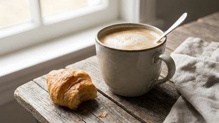 A flaky croissant and a mug of hot coffee are placed on a weathered wooden table near a window.
