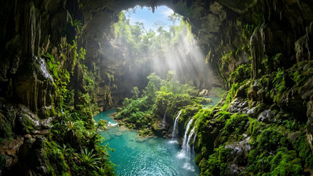 Bright sunlight beams pierce through a cave opening, illuminating a lush jungle and waterfall.