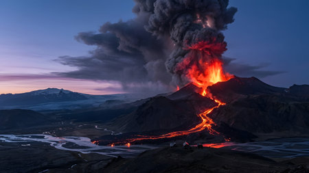 A massive volcanic eruption sends glowing red lava flowing down dark mountains into a river valley.