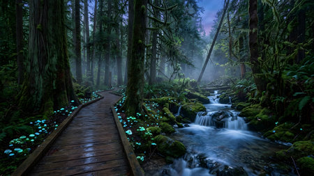A wooden path winds through a misty temperate rainforest featuring glowing mushrooms and a stream.