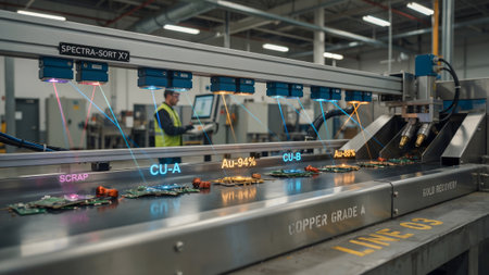 An automated industrial machine scans electronic components on a belt with laser data overlays.