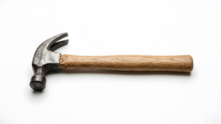 A sturdy steel claw hammer with a natural wood handle shown against a plain white background.