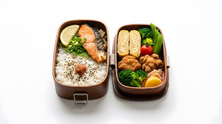 An open wooden bento box containing grilled salmon, rice, tamagoyaki, broccoli, and fried chicken.