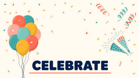 A festive background featuring colorful balloons, confetti, and streamers on a light backdrop.