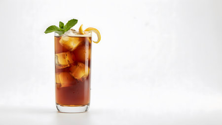 A tall glass filled with iced black tea, garnished with a lemon slice and fresh mint leaves.