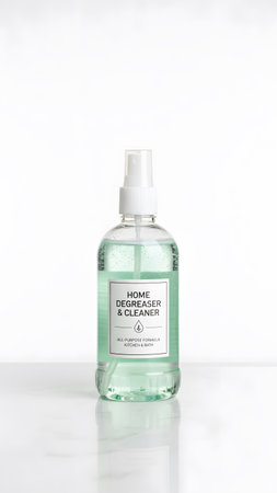 A clear plastic spray bottle filled with light green cleaning liquid on a reflective white surface.
