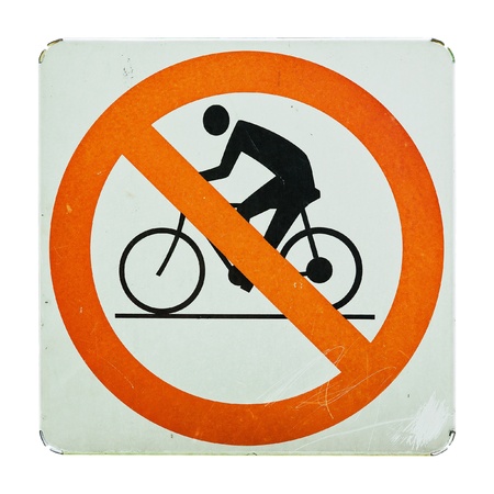 No cycling sign with yellow color on white backgroundの写真素材