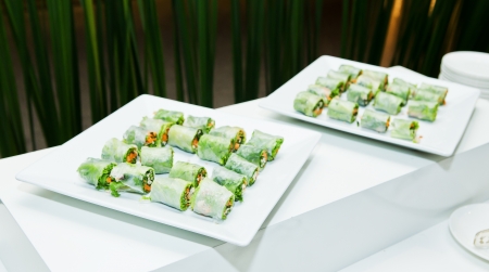vegetables and soy bean cake in noodle tube, southeast asian style foodの写真素材
