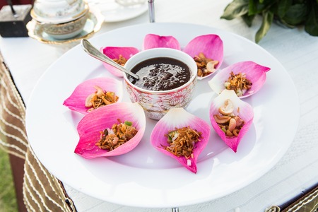 Mix fried rice contained in lotus flower leafの写真素材