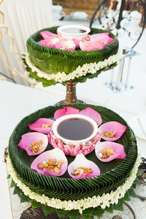 Mix fried rice contained in lotus flower leafの写真素材