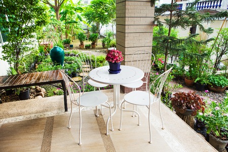 beautiful terrace with white furnitureの写真素材