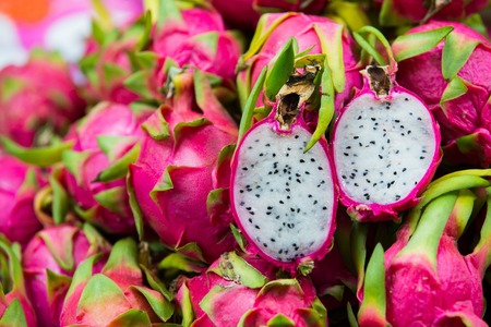 Vietnamese food for export, Dragon fruit, agricultural product from Binh Thuan, Vietnam, pink peel, basket of fruit to packing for sell, this tropical fruit also name Hylocereus undatus, Pitahayaの写真素材