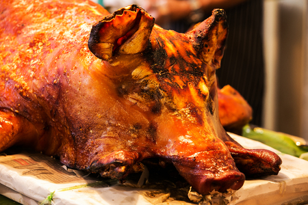 cooked head of pork  in the marketの写真素材